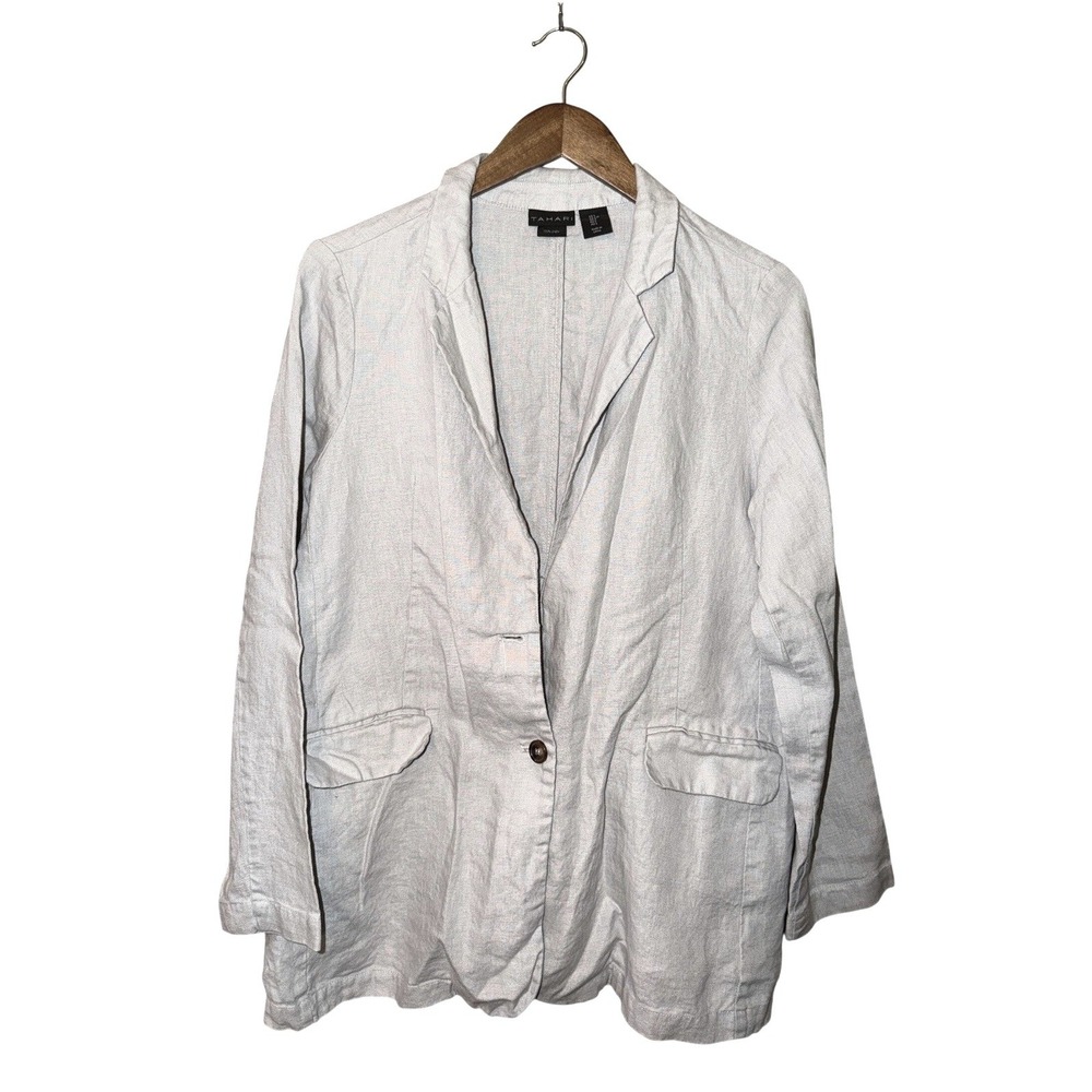 Tahari 100% Linen Blazer Gray Lightweight Relaxed Coastal Grandma Work Jacket